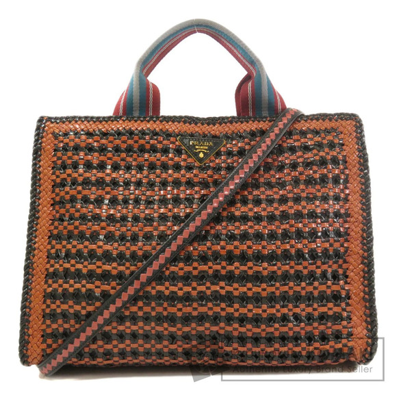 Prada Handbags - Prada Madras Woven Leather Tote Bag black brown leather weaving